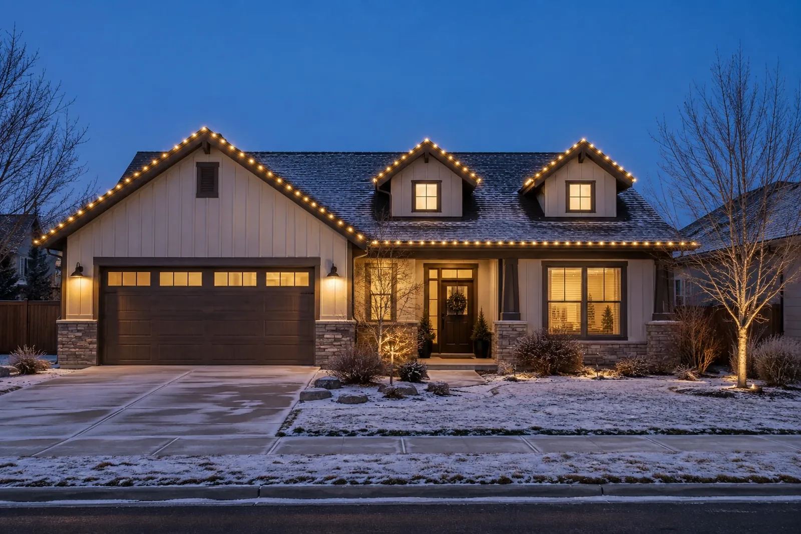 A single-story home with lights along the roofline and over both dormers, snow on the lawn